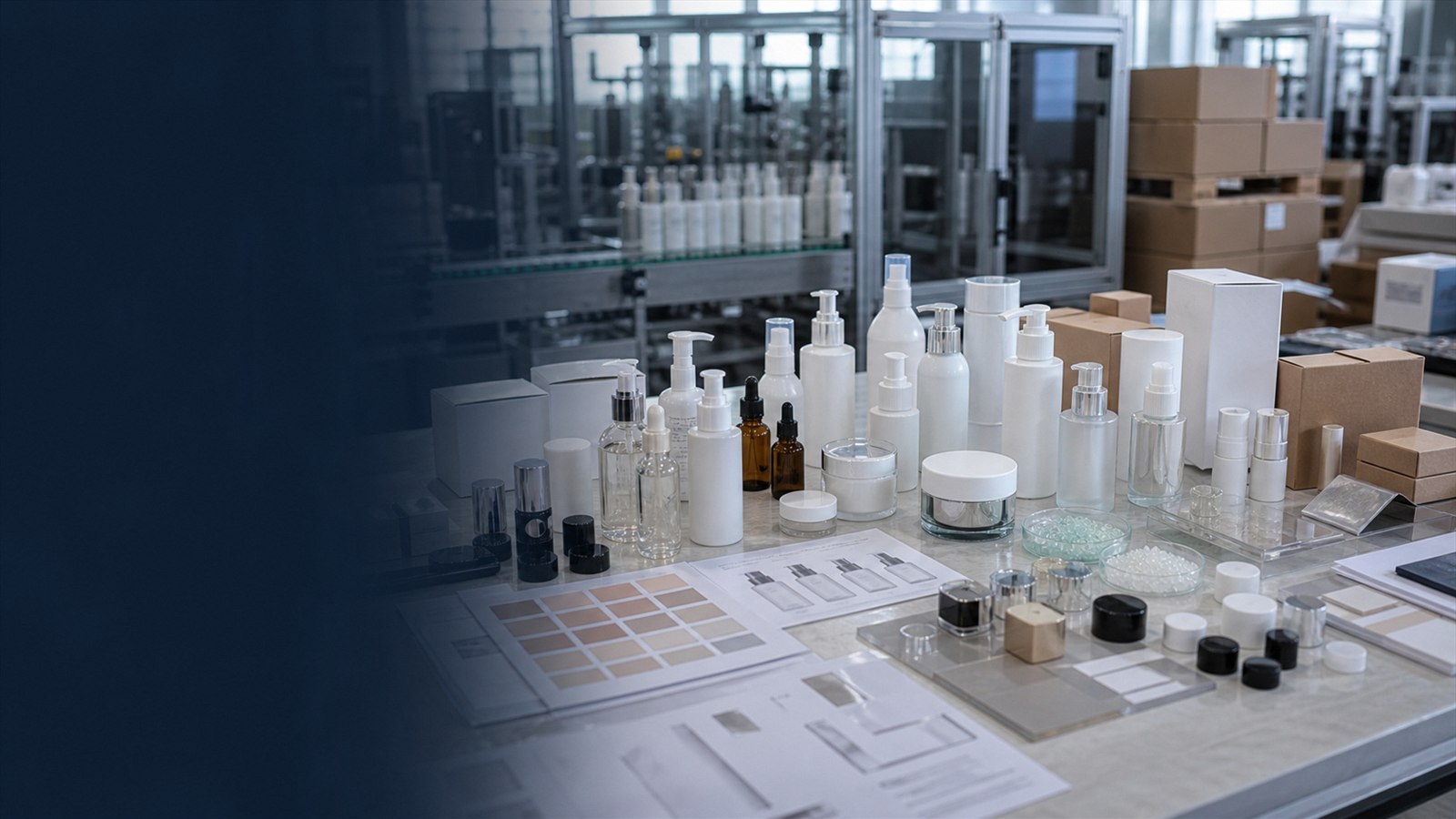 Bottles, jars, tubes, droppers, caps, and material route